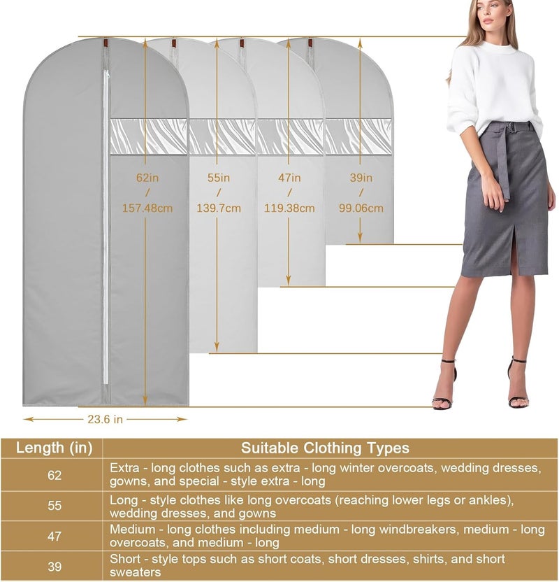 JOLYEAK 62-Inch Garment Bags Covers,Hanging Clothes Bag, Suit Cover Bags with Clear Window for Hanging Closet Clothes Storage and Travel (Gray) - Image 2
